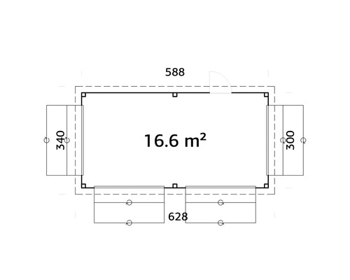 Planritning av ett trädgårdshus med en yta på 16.6 kvadratmeter