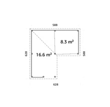 Ritning av ett trädgårdshus med måtten 628 x 628 och 588 x 588 centimeter och en yta på 16,6 och 8,3 kvadratmeter