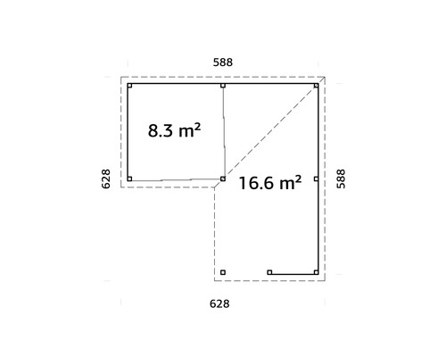 Planritning med ytangivelser 8,3 kvadratmeter och 16,6 kvadratmeter, mått 588 och 628