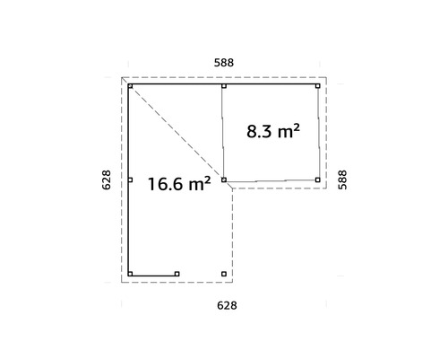 Planritning över ett trädgårdshus med måtten 588 gånger 588 centimeter och 628 gånger 628 centimeter