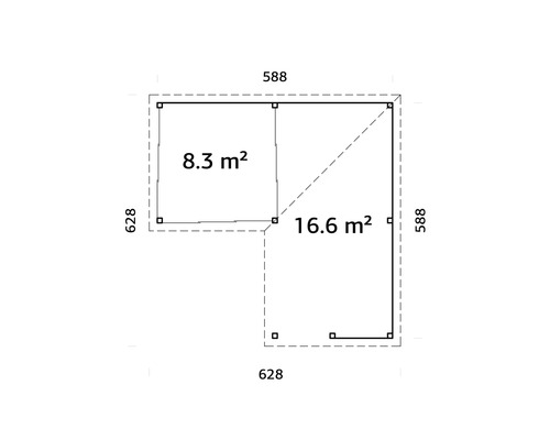 Ritning av ett trädgårdshus med måtten 588 x 628 centimeter och en yta på 8,3 och 16,6 kvadratmeter