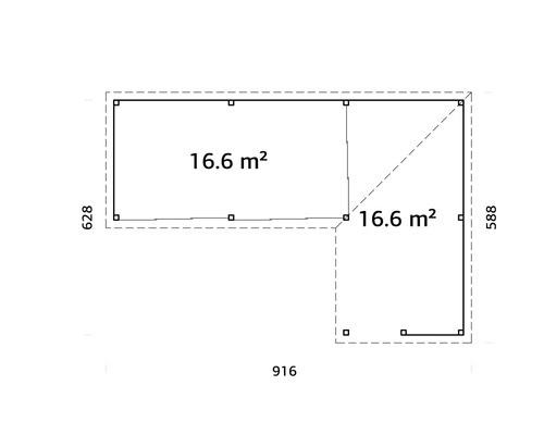 Ritning av ett trädgårdshus med måtten 628 x 916 x 588 cm och en yta på 16,6 kvadratmeter