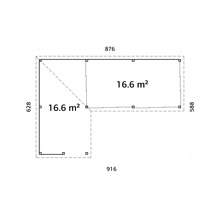 Ritning av ett trädgårdshus med måtten 876 x 916 x 628 x 588 och en yta på 16,6 m².