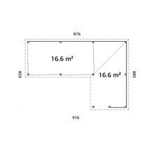Ritning av ett trädgårdsskjul med måtten 876 x 916 x 628 x 588 och en yta på 2 x 16,6 kvadratmeter
