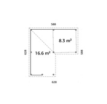 Planritning av ett trädgårdshus med måtten 588 gånger 588 centimeter och 628 gånger 628 centimeter