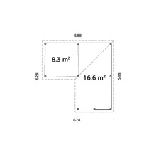 Planritning med areaangivelser 8.3 m² och 16.6 m² samt mått i millimeter