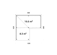 Ritning med måtten 588 gånger 588 centimeter och 628 gånger 628 centimeter med en yta på 16,6 och 8,3 kvadratmeter