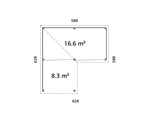 Ritning med måtten 588 gånger 588 centimeter och 628 gånger 628 centimeter med en yta på 16,6 och 8,3 kvadratmeter
