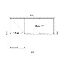 Ritning av ett trädgårdshus med måtten 876 x 916 x 628 x 588 cm och en yta på 16,6 m².