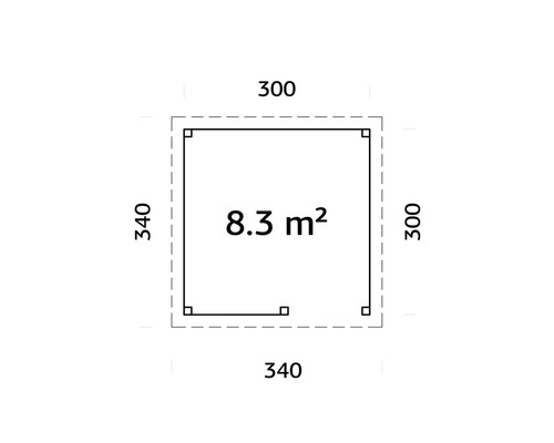 Ritning med måtten 300 gånger 340 centimeter och en yta på 8,3 kvadratmeter