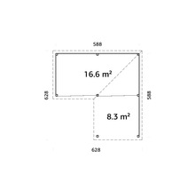 Planlösning för ett trädgårdshus som mäter 588 gånger 628 centimeter och 16,6 kvadratmeter och 588 gånger 628 centimeter och 8,3 kvadratmeter