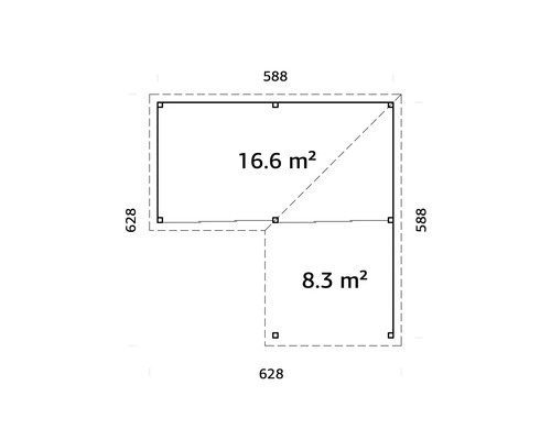 Planlösning för ett trädgårdshus som mäter 588 gånger 628 centimeter och 16,6 kvadratmeter och 588 gånger 628 centimeter och 8,3 kvadratmeter