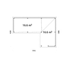 Ritning av ett trädgårdshus med en yta på 33,2 kvadratmeter och måtten 628 gånger 916 gånger 588 centimeter.