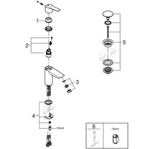 Sprängskiss av en tvättställsblandare med separata delar och dimensioner