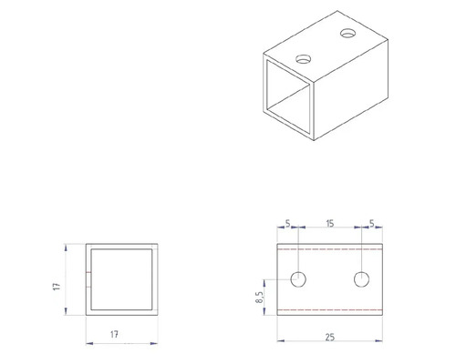 Teknisk ritning av en fyrkantsrörskoppling med mått