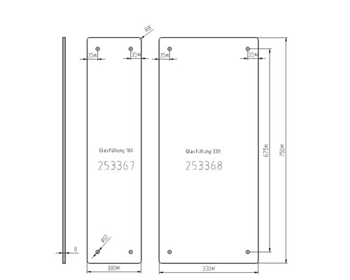 Teknisk ritning av glasfyllningar med mått