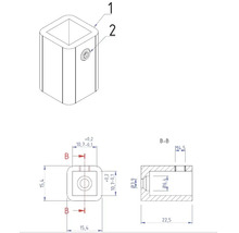 Teknisk ritning av en fyrkantsrörskoppling med mått