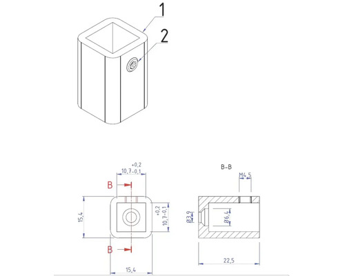 Teknisk ritning av en fyrkantsrörskoppling med mått
