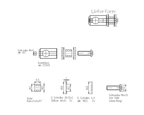 Teknisk ritning av rör, skruvar och brickor med mått
