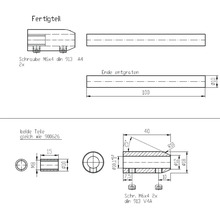 Teknisk ritning av en färdig del med mått och skruvinformation