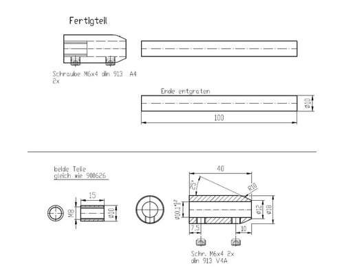 Teknisk ritning av en färdig del med mått och skruvinformation