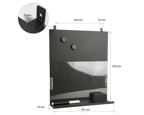Svart magnetisk whiteboard med penna, suddgummi och dimensioner