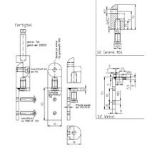 Teknisk ritning av en färdig detalj med gångjärn och vinkel, inklusive måttuppgifter och detaljer om skruvning och svetsning.