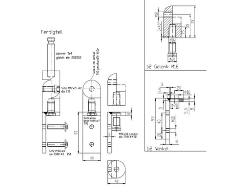 Teknisk ritning av en färdig detalj med gångjärn och vinkel, inklusive måttuppgifter och detaljer om skruvning och svetsning.