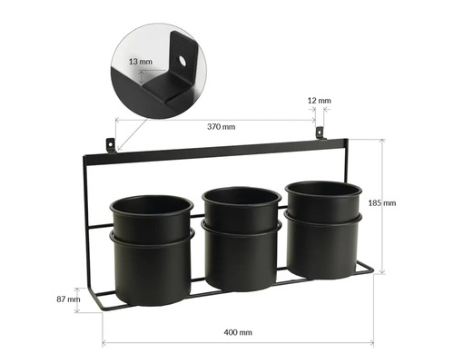 Metallisk växthållare för väggmontering med tre krukor och måttangivelser