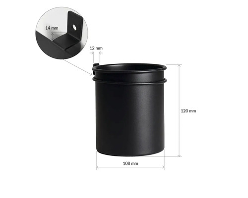 Svart vägghållare med måtten 120 mm höjd och 108 mm diameter.