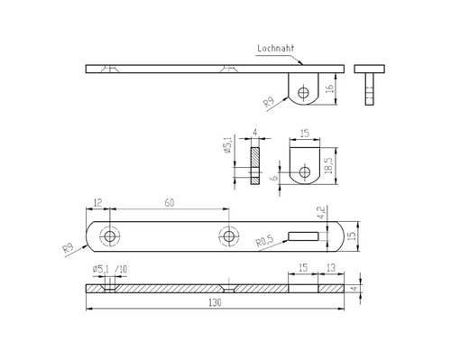 Teknisk ritning av ett beslag med mått.