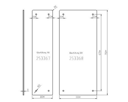 Teknisk ritning glasfyllning med måttangivelser