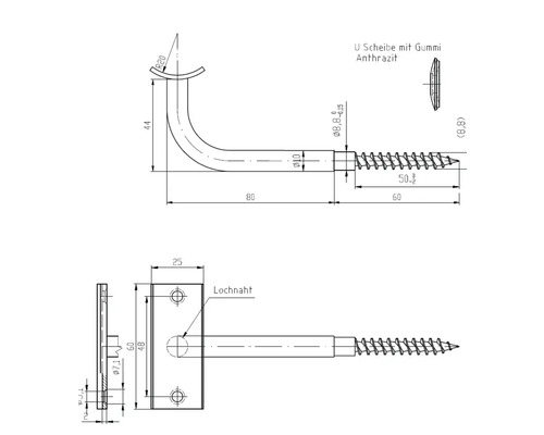 Teknisk ritning av ett fäste med skruv och gummibricka