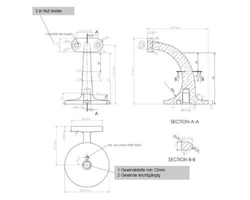 Teknisk ritning av en räckenstolpe med måttangivelser
