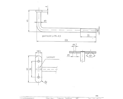 Teknisk ritning av ett handtag med mått