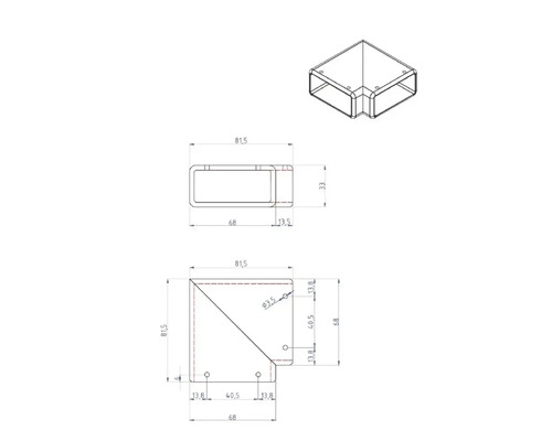 Teknisk ritning av en hörnkoppling med dimensioner.