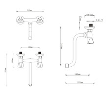 Teknisk ritning av en vattenkran med dimensioner.