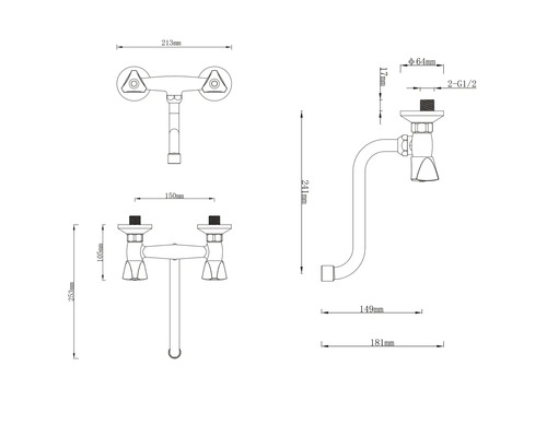 Teknisk ritning av en vattenkran med dimensioner.