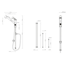 Teknisk ritning av en köksblandare med dusch och måttangivelser