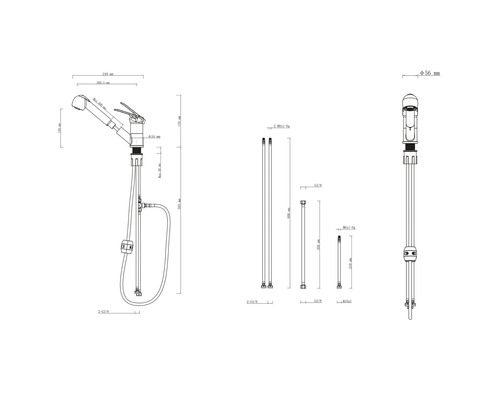 Teknisk ritning av en köksblandare med dusch och måttangivelser