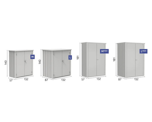 Olika metallskåp i storlekarna M, L, M High och L High med mått