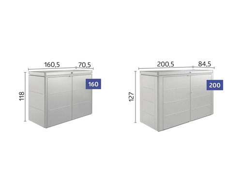 Bild på två redskapsbodar i olika storlekar med måttangivelser.