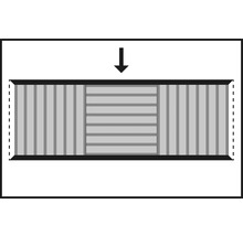 Illustration av ett skjutdörrsystem med vertikala och horisontella lameller samt en nedåtpil.