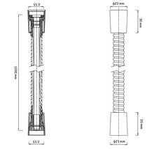 Teknisk ritning av ett förlängningsrör för vattenlås med måtten 1500 mm lång och G1/2-anslutning