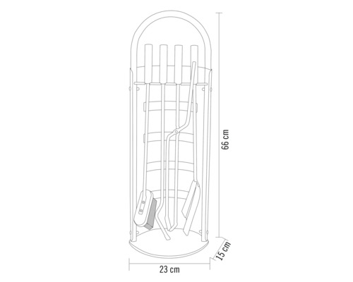 Mått på ett eldstadsställ med tillbehör, höjd 66 centimeter, bredd 23 centimeter, djup 15 centimeter