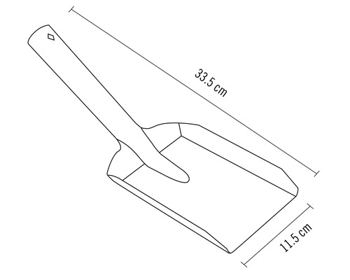 Skiss av en planteringsspade med måtten 33,5 cm lång och 11,5 cm bred