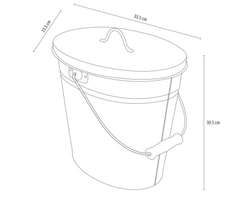 Skiss av en metallhink med lock och storleksangivelser.