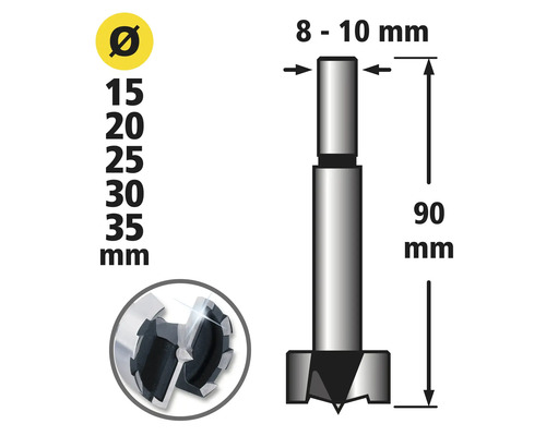 Teknisk ritning av ett forstnerborr med måttangivelser