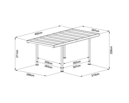 Mått på lusthuset: 492 centimeter brett, 297 centimeter djupt och 226 centimeter högt