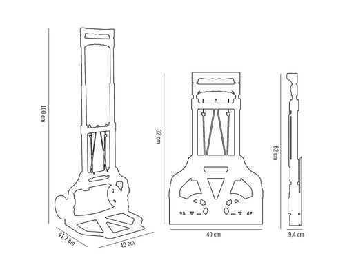 Teknisk ritning av en säckkärra med höjd- och breddmått